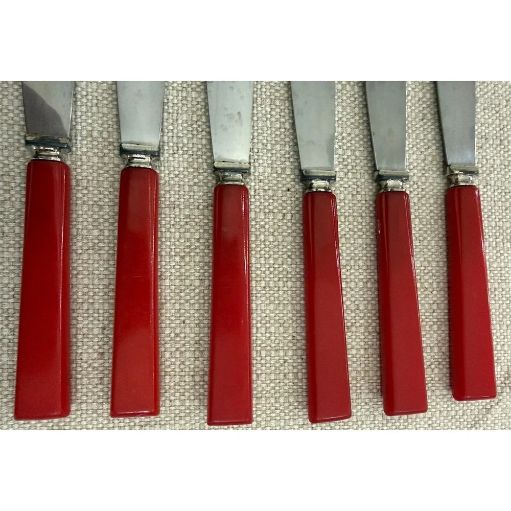Vtg Bakelite Red Handle Stainless Steel Knives Set of 6 Mid Century Modern Knife